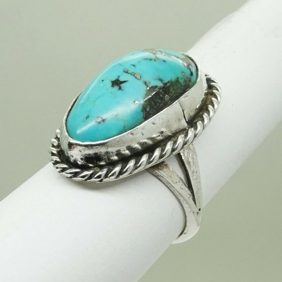 Southwestern Oval Turquoise Solitaire Split Shank Ring Sterling Silver Sz 7.25 - Picture 3 of 5